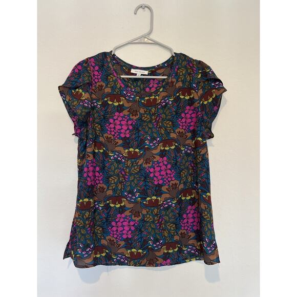 Skies Are Blue Teal‎ Multicolor short sleeve floral Blouse size M - Picture 1 of 6